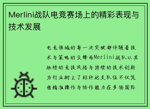 Merlini战队电竞赛场上的精彩表现与技术发展