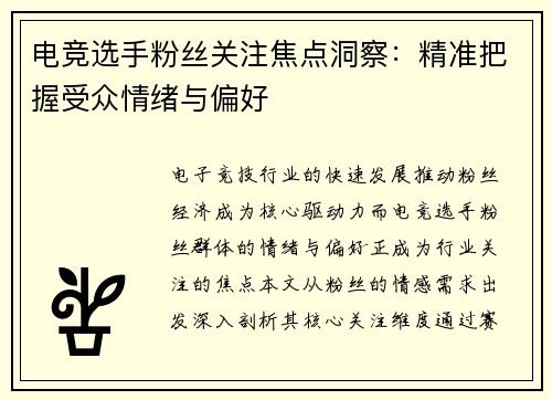 电竞选手粉丝关注焦点洞察：精准把握受众情绪与偏好